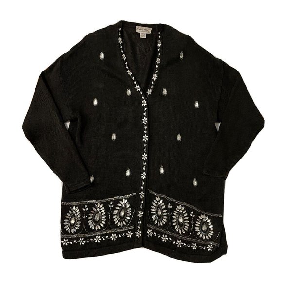 Vintage Extra Point Cardigan Sweater Size 3X Black Bling Rhinestones Snap Front - Picture 7 of 10